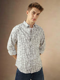 Men's Off White Cotton Spread Collar Full Sleeves Printed Shirt