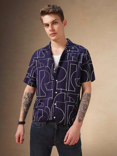 Men's Blue Printed Cuban collar Half Sleeves Shirt