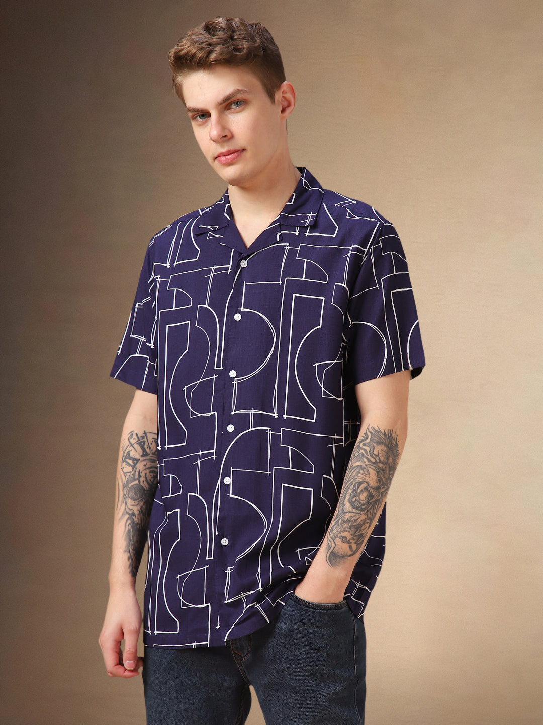 Men's Blue Printed Cuban collar Half Sleeves Shirt