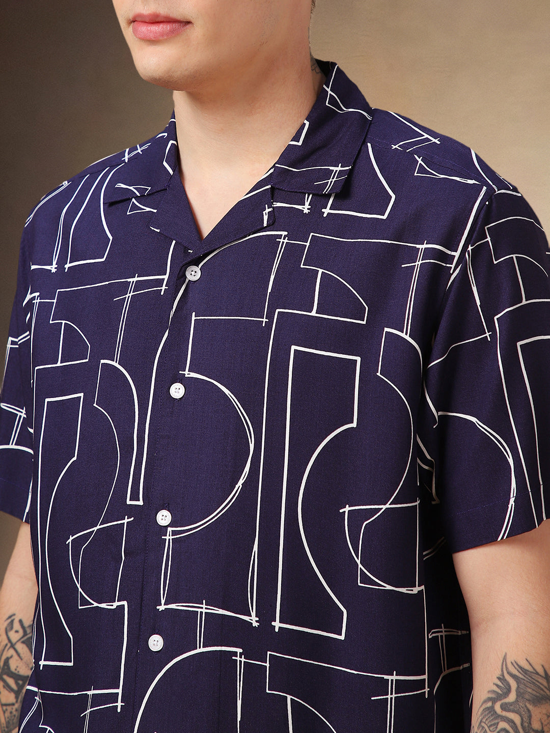 Men's Blue Printed Cuban collar Half Sleeves Shirt