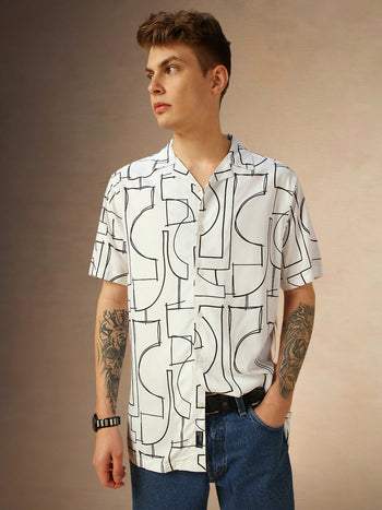 Men's White Printed Cuban collar Half Sleeves Shirt