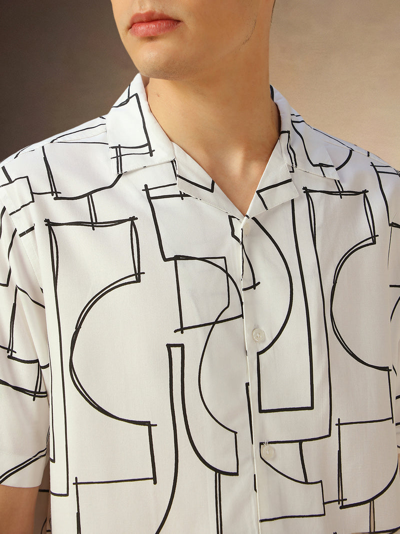 Men's White Printed Cuban collar Half Sleeves Shirt