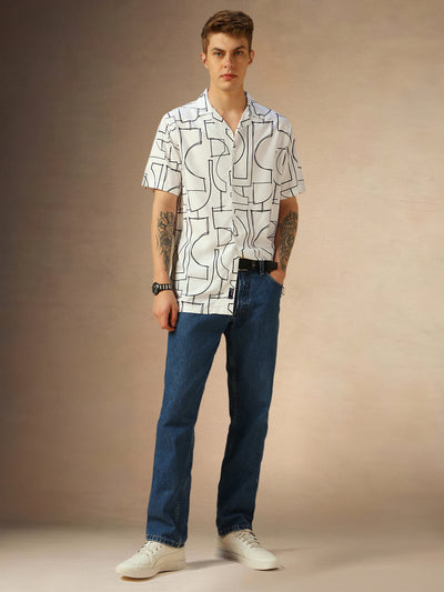 Men's White Printed Cuban collar Half Sleeves Shirt