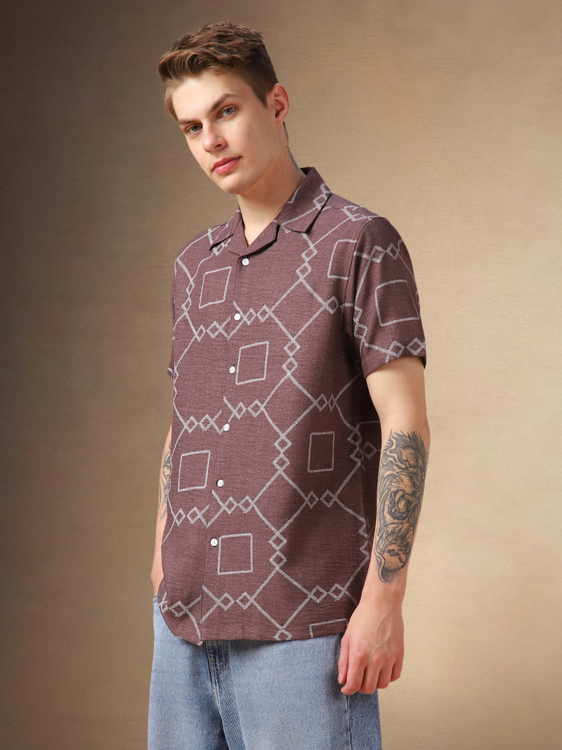 Men's Brown Printed Cuban collar Half Sleeves Shirt