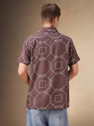 Men's Brown Printed Cuban collar Half Sleeves Shirt