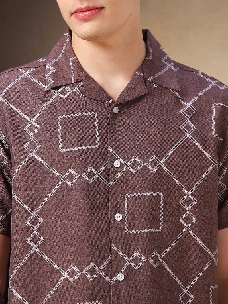 Men's Brown Printed Cuban collar Half Sleeves Shirt