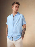 Men's Light Blue Printed Cuban collar Half Sleeves Shirt