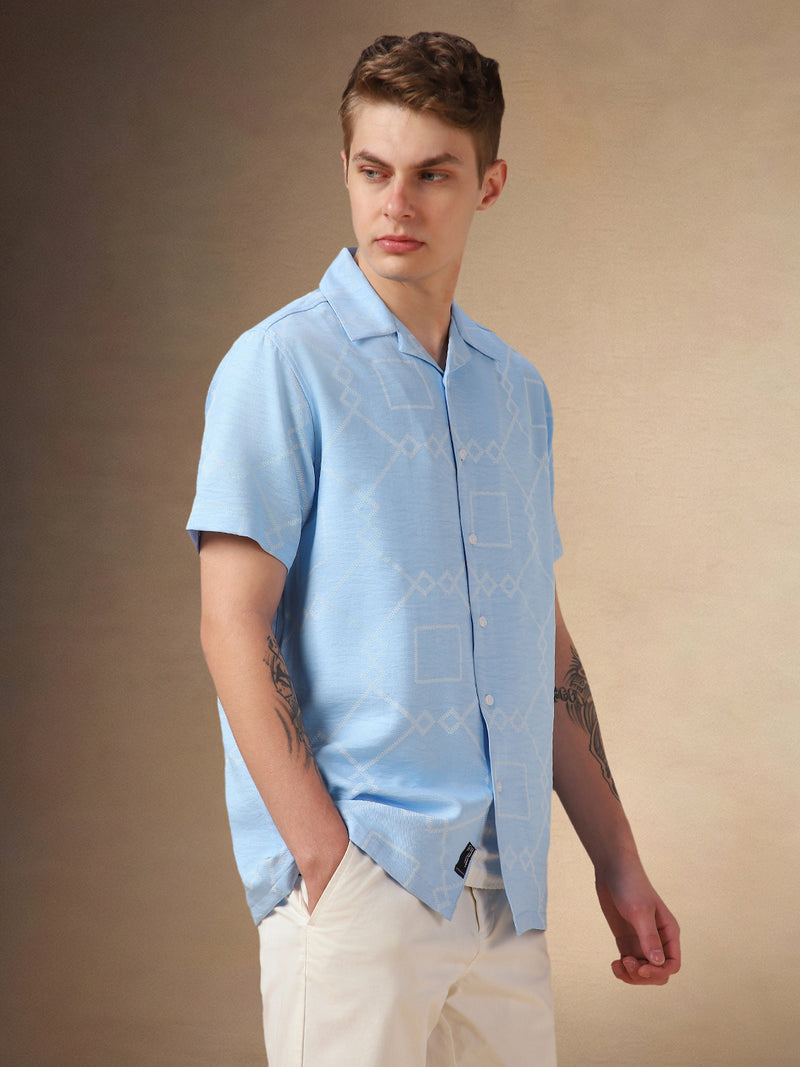 Men's Light Blue Printed Cuban collar Half Sleeves Shirt