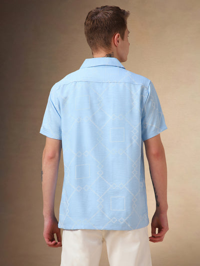 Men's Light Blue Printed Cuban collar Half Sleeves Shirt