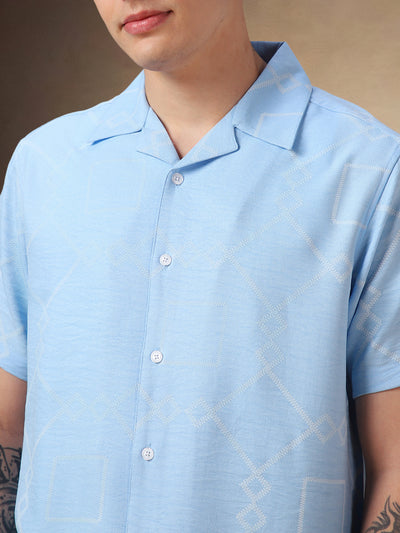 Men's Light Blue Printed Cuban collar Half Sleeves Shirt