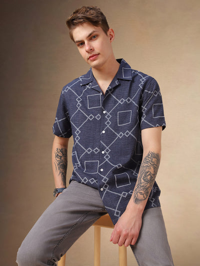 Men's Navy Blue Printed Cuban collar Half Sleeves Shirt