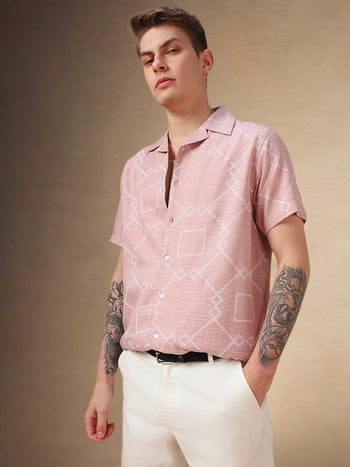 Men's Peach Printed Cuban collar Half Sleeves Shirt