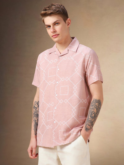 Men's Peach Printed Cuban collar Half Sleeves Shirt