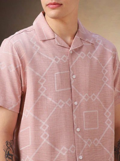 Men's Peach Printed Cuban collar Half Sleeves Shirt