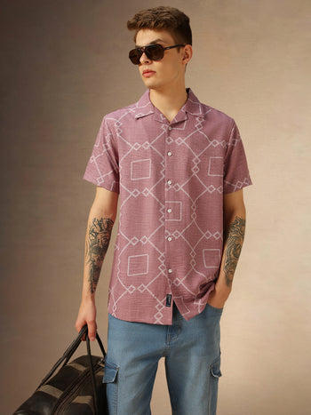 Men's Pink Printed Cuban collar Half Sleeves Shirt