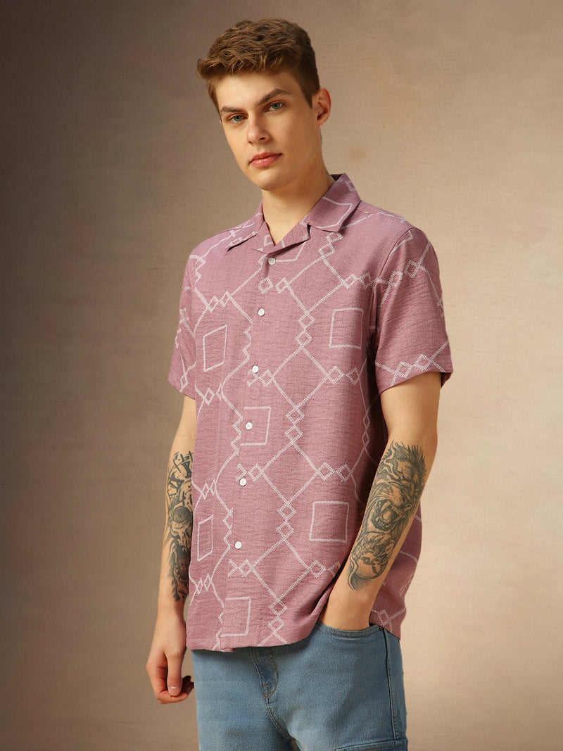 Men's Pink Printed Cuban collar Half Sleeves Shirt