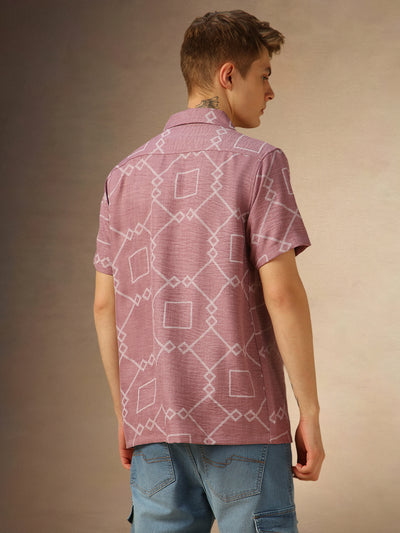 Men's Pink Printed Cuban collar Half Sleeves Shirt