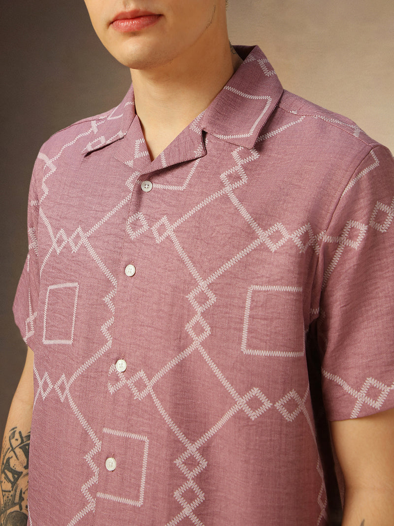 Men's Pink Printed Cuban collar Half Sleeves Shirt