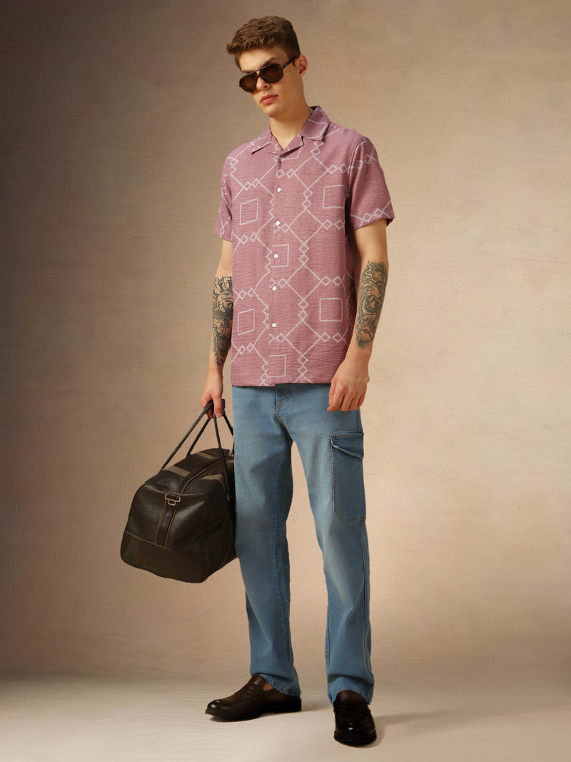 Men's Pink Printed Cuban collar Half Sleeves Shirt