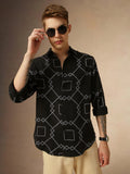 Men's Black Printed Spread Collar Full Sleeves Relaxed Fit Shirt