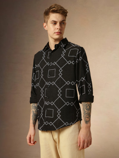 Men's Black Printed Spread Collar Full Sleeves Relaxed Fit Shirt