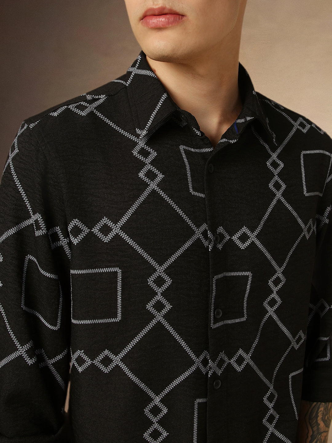 Men's Black Printed Spread Collar Full Sleeves Relaxed Fit Shirt