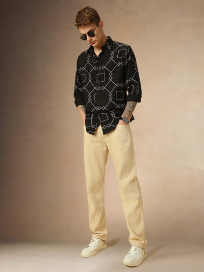 Men's Black Printed Spread Collar Full Sleeves Relaxed Fit Shirt