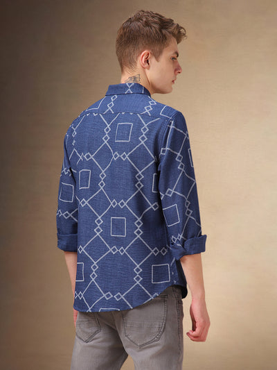 Men's Blue Printed Spread Collar Full Sleeves Shirt