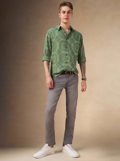 Men's Green Printed Spread Collar Full Sleeves Shirt