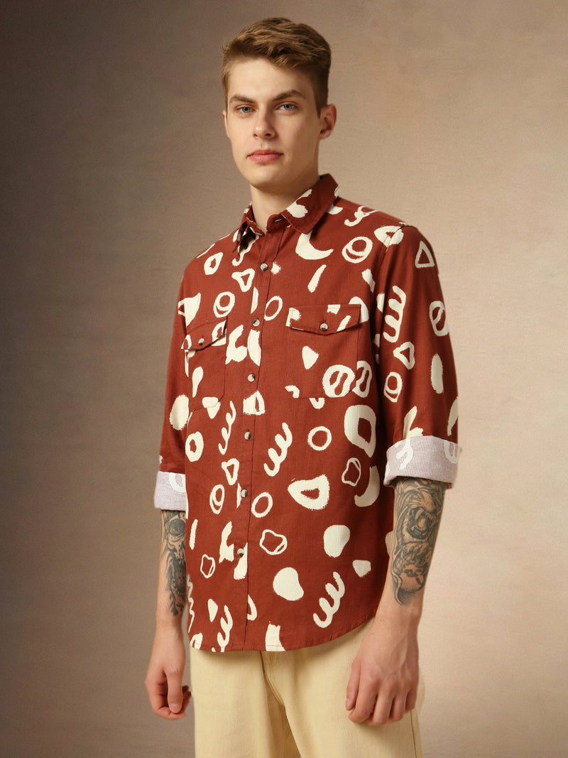 Men's Rust Printed Spread Collar Full Sleeves Relaxed Fit Shirt