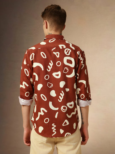 Men's Rust Printed Spread Collar Full Sleeves Relaxed Fit Shirt