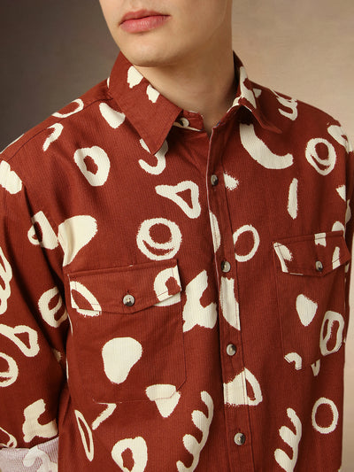 Men's Rust Printed Spread Collar Full Sleeves Relaxed Fit Shirt