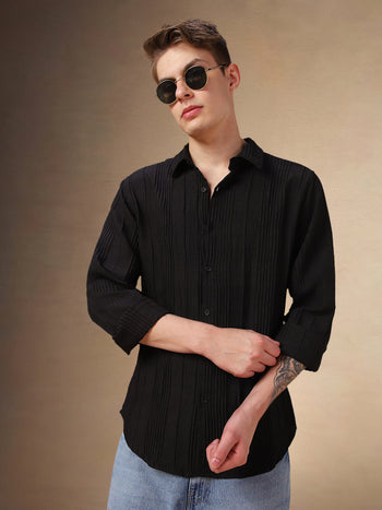 Men's Black Textured Spread Collar Full Sleeves Shirt