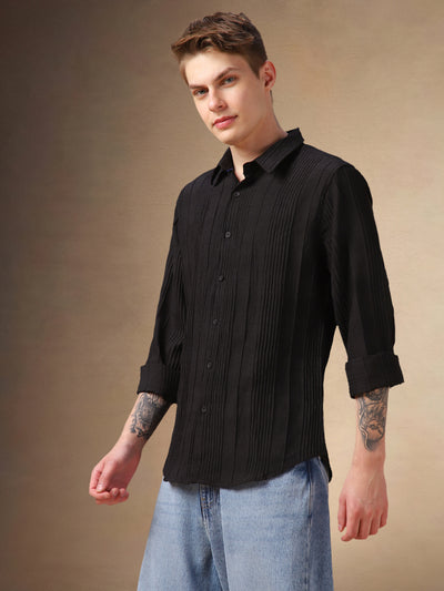 Men's Black Textured Spread Collar Full Sleeves Shirt