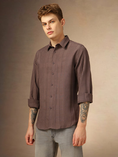 Men's Brown Textured Spread Collar Full Sleeves Shirt