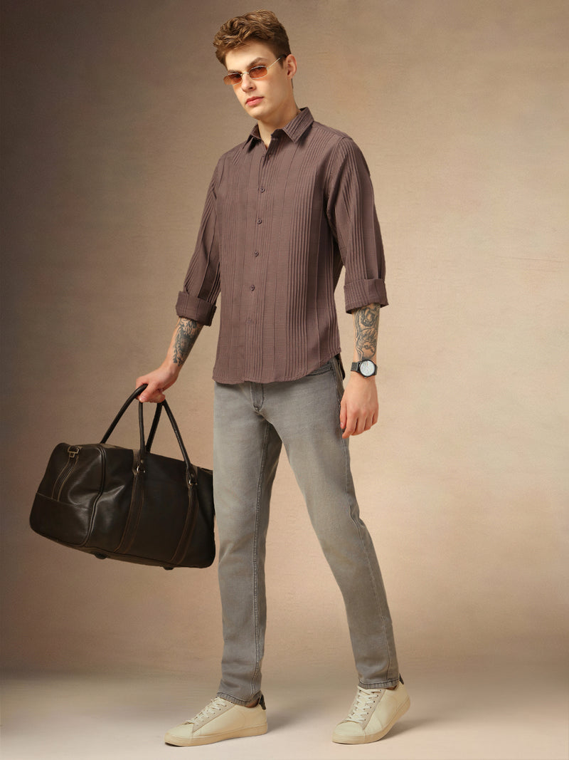 Men's Brown Textured Spread Collar Full Sleeves Shirt