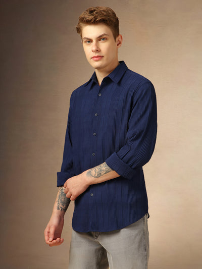 Men's Navy Textured Spread Collar Full Sleeves Shirt