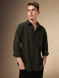 Men's Olive Textured Spread Collar Full Sleeves Shirt