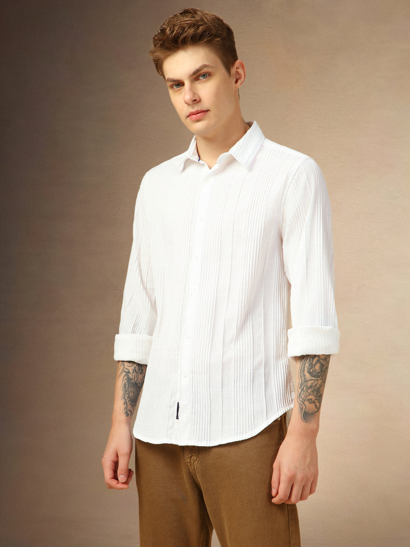 Men's White Textured Spread Collar Full Sleeves Shirt