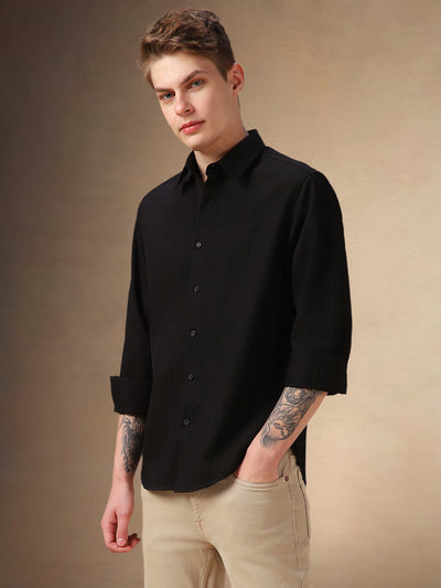 Men's Black Solid Spread Collar Full Sleeves Shirt