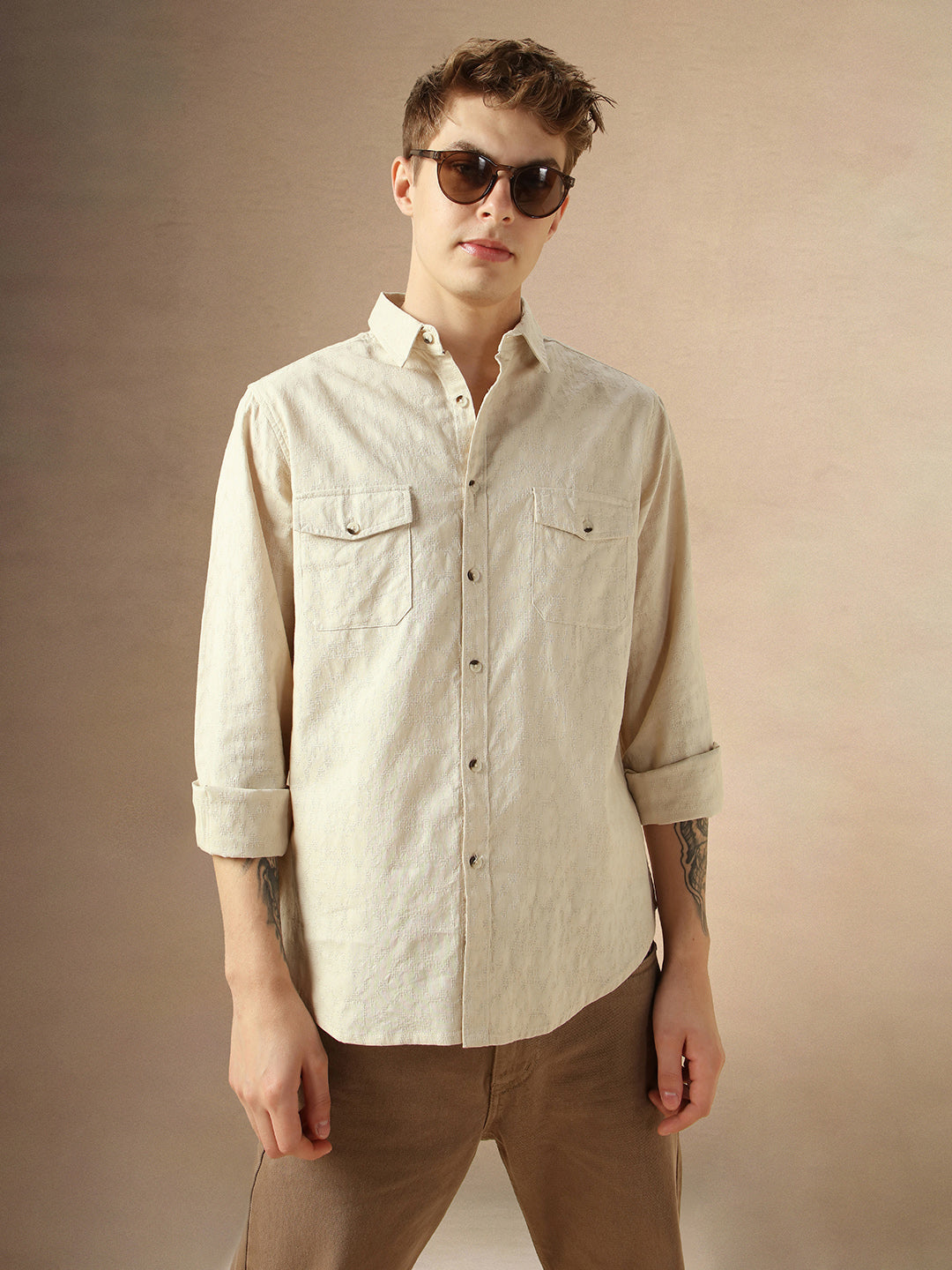 Men's Beige Cotton Spread Collar Full Sleeves Solid Shirt