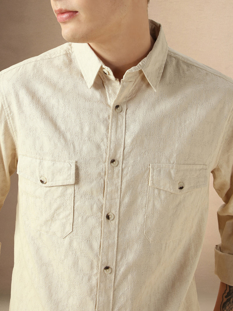 Men's Beige Cotton Spread Collar Full Sleeves Solid Shirt