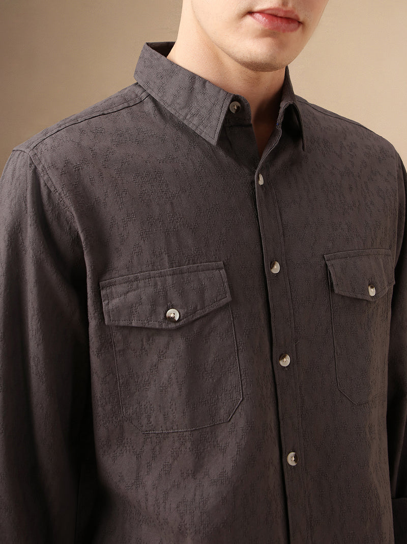 Men's Grey Textured Spread Collar Full Sleeves 100% Cotton Casual Shirt