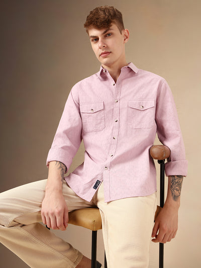 Men's Pink Textured Spread Collar Full Sleeves 100% Cotton Casual Shirt