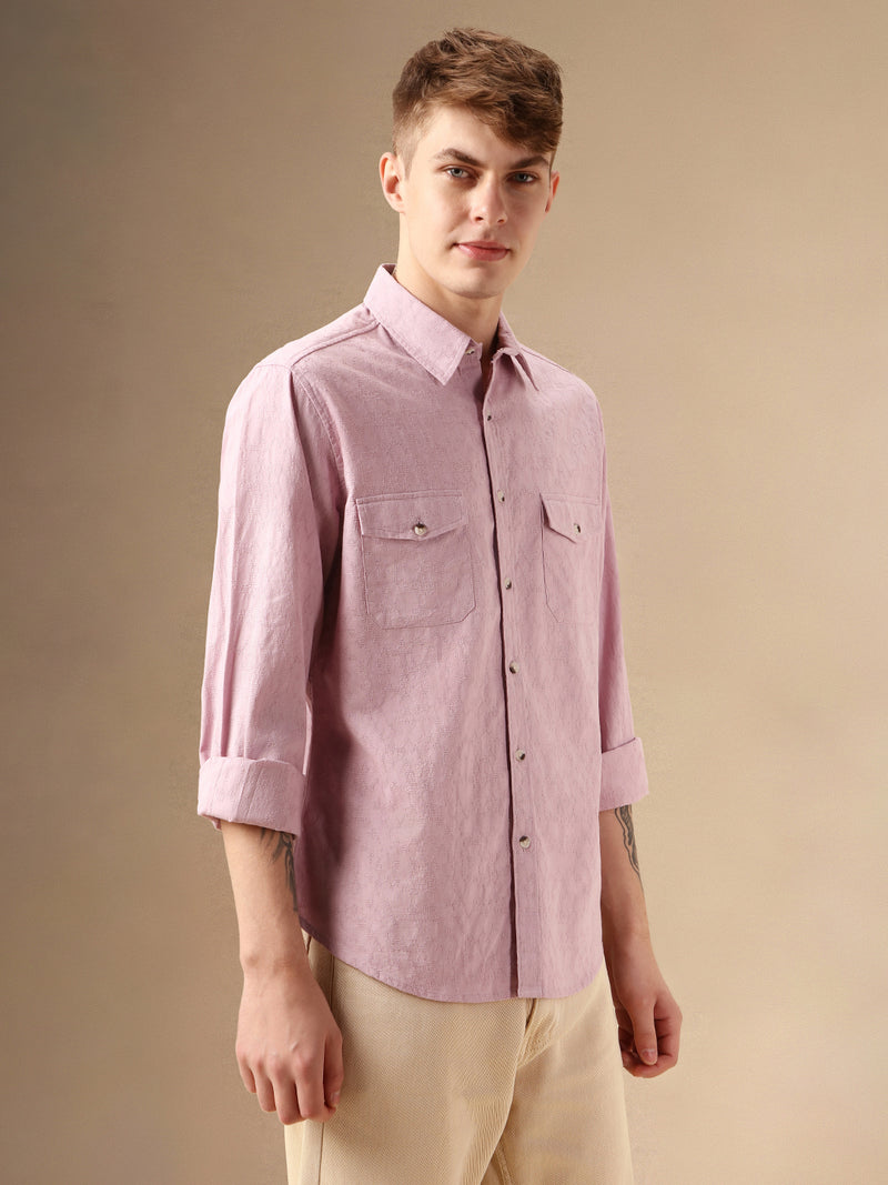 Men's Pink Textured Spread Collar Full Sleeves 100% Cotton Casual Shirt