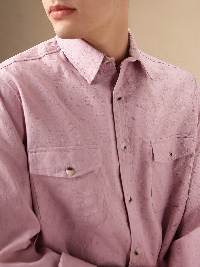 Men's Pink Textured Spread Collar Full Sleeves 100% Cotton Casual Shirt