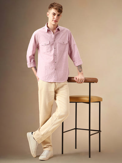 Men's Pink Textured Spread Collar Full Sleeves 100% Cotton Casual Shirt