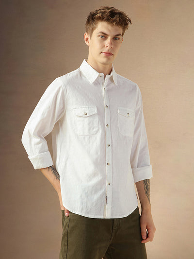 Men's White Cotton Spread Collar Full Sleeves Solid Shirt