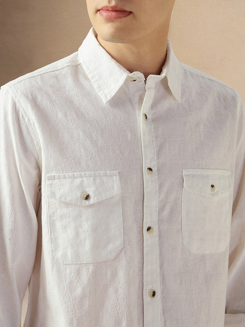 Men's White Cotton Spread Collar Full Sleeves Solid Shirt