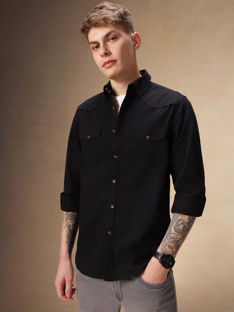 Men's Solid Black Full Sleeves Spread Collar Casual Shirt